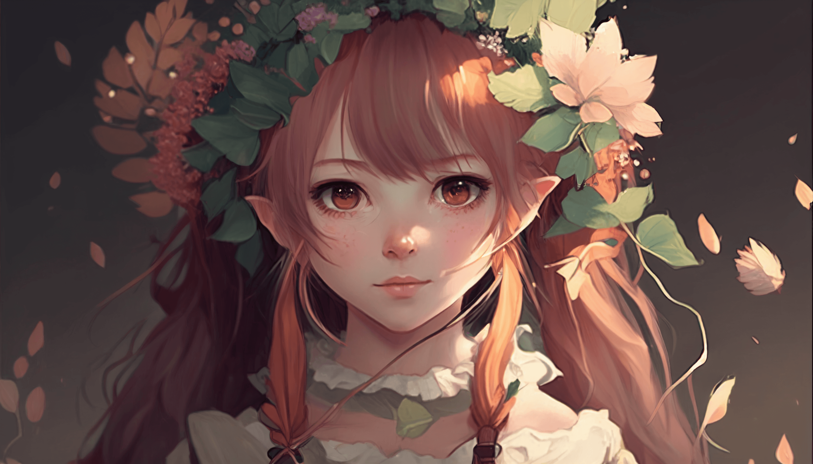 close up of girl with plants in her hair