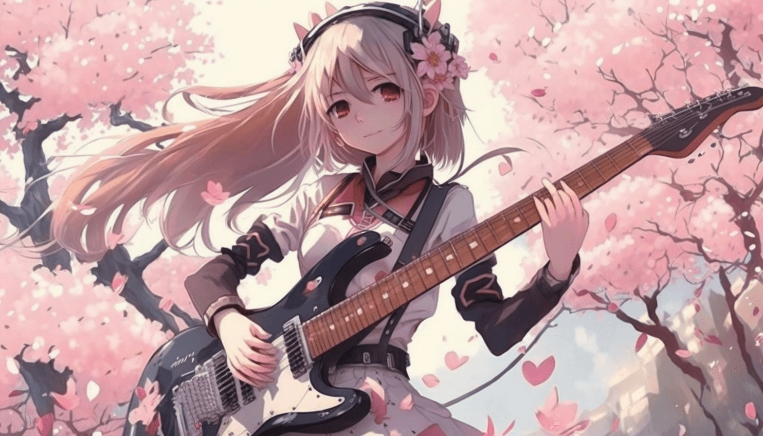 girl playing the guitar in a cherry tree forrest